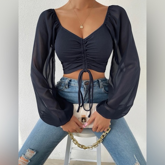 Tops - Navy Blue Bell Sleeve Shirt